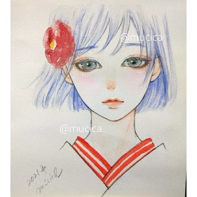 手描きイラスト オリジナル 創作 女の子 少女 水彩画 直筆原画 線画 艶樹 金魚絵画 額装 飴 最新作の 艶樹