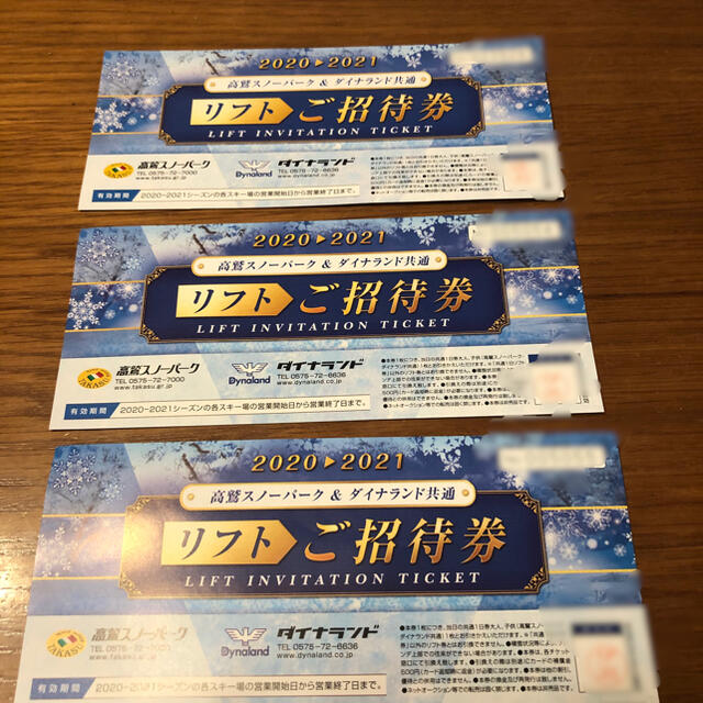 高鷲スノーパーク ダイナランド 共通リフト券 3枚 - スキー場 高鷲スノーパーク ダイナランド 共通リフト券 3枚 - スキー場