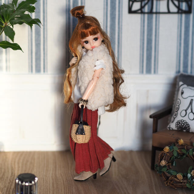 ラズベリー　リカちゃんハンドメイド　リネンロングスカート ハンドメイドのぬいぐるみ/人形(その他)の商品写真
