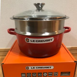 ルクルーゼ(LE CREUSET)の【新品未使用】ル・クルーゼ ココット・ロンド22 cm スチーマーセット レッド(鍋/フライパン)