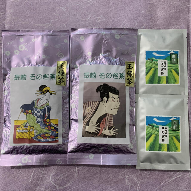 そのぎ茶　玉緑茶　日本茶　100g×2袋 白折おまけ付　歌舞伎柄 食品/飲料/酒の飲料(茶)の商品写真