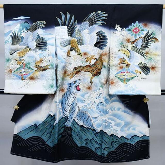 お宮参り 産着 男児 のしめ 正絹 綸子 金刺繍 鷹 虎 黒地 NO34088 お宮参り 産着 男児 のしめ 正絹 綸子 金刺繍 鷹 虎 黒地 NO34088