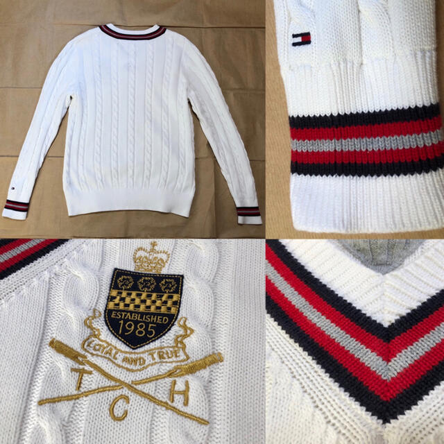 TOMMY HILFIGER(トミーヒルフィガー)の美品 トミーヒルフィガー  チルデン ニット L 白 ケーブル メンズのトップス(ニット/セーター)の商品写真