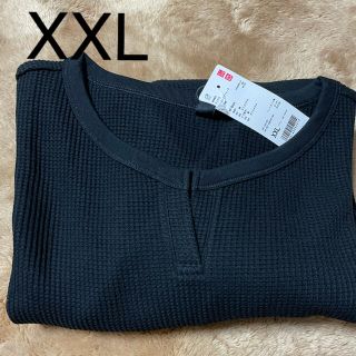 ユニクロ(UNIQLO)の新品　ユニクロ　ワッフルキーネックワンピース　7分袖　XXL   ブラック(ひざ丈ワンピース)