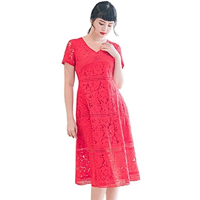 4L5L 新品 半袖フレアワンピース 赤 大きいサイズ レース ドレス 結婚式 レディースのワンピース(ひざ丈ワンピース)の商品写真