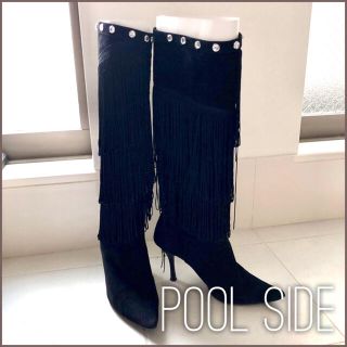 プールサイド(POOL SIDE)のUSED使用品 POOL SIDE フリンジブーツ  スエード黒 23.5cm(ブーツ)