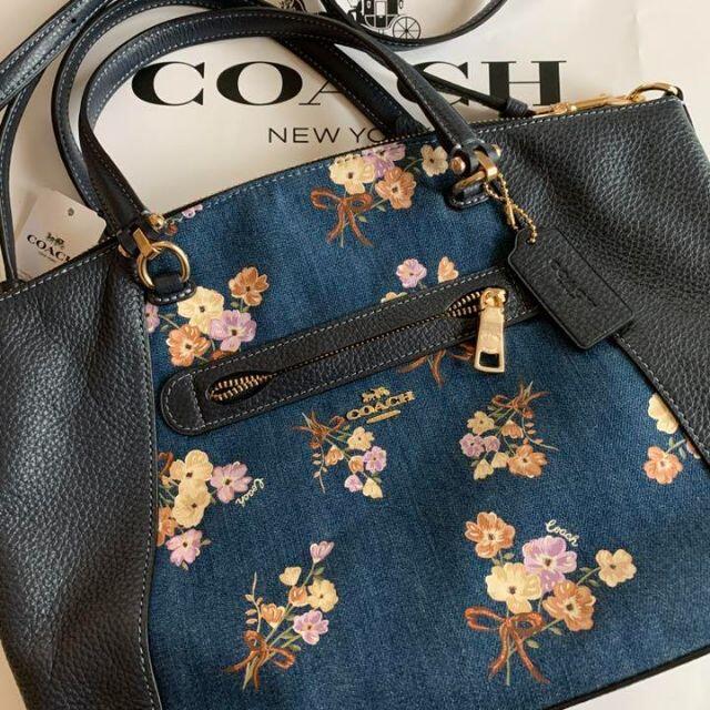 バッグ】 《新品》COACH デニム 花柄 レザー ショルダーバッグ luhpN