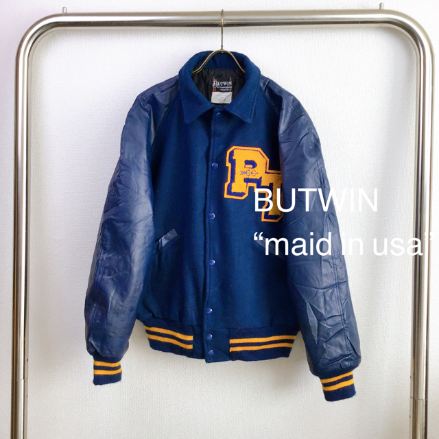 80s USA製 BUTWIN 襟付きスタジャン 紺×黄 M ヴィンテージ | フリマアプリ ラクマ