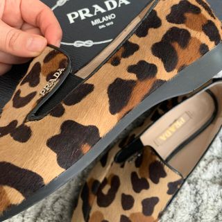 【PRADA】プラダ　ハラコ パンプス　ロゴ　フラットシューズ　豹柄　アニマル柄