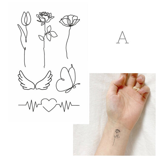 【A】タトゥーシール　韓国　線画　花　蝶　羽根　消えるタトゥー レディースのアクセサリー(その他)の商品写真