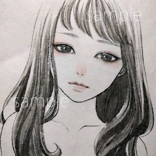 国産和紙楮絵具墨絵　水墨画　美人画　美少女　墨彩画　手描きイラスト