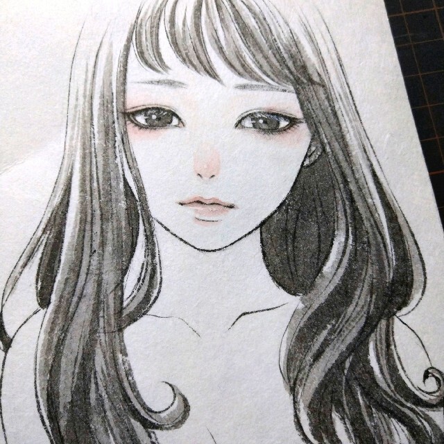 墨絵　水墨画　美人画　美少女　墨彩画　手描きイラスト エンタメ/ホビーの美術品/アンティーク(絵画/タペストリー)の商品写真