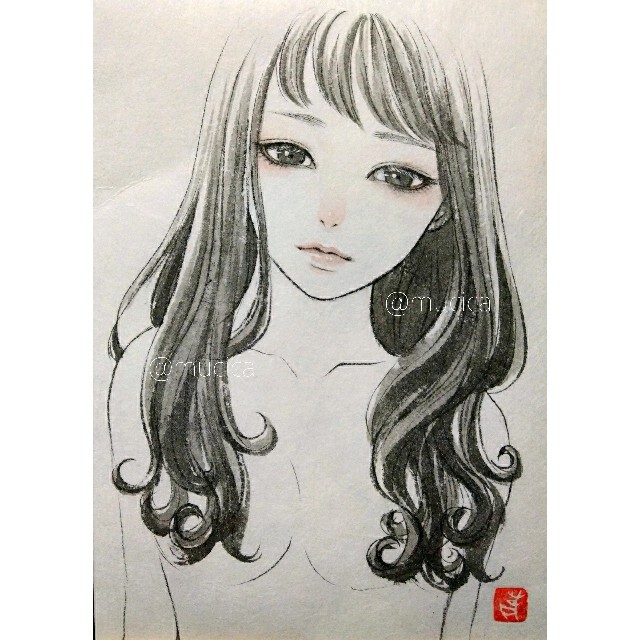 墨絵　水墨画　美人画　美少女　墨彩画　手描きイラスト エンタメ/ホビーの美術品/アンティーク(絵画/タペストリー)の商品写真