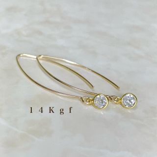 14Kgf／K14gf一粒ダイヤCZリーフピアス／一粒ダイヤピアス フープピアス(ピアス)