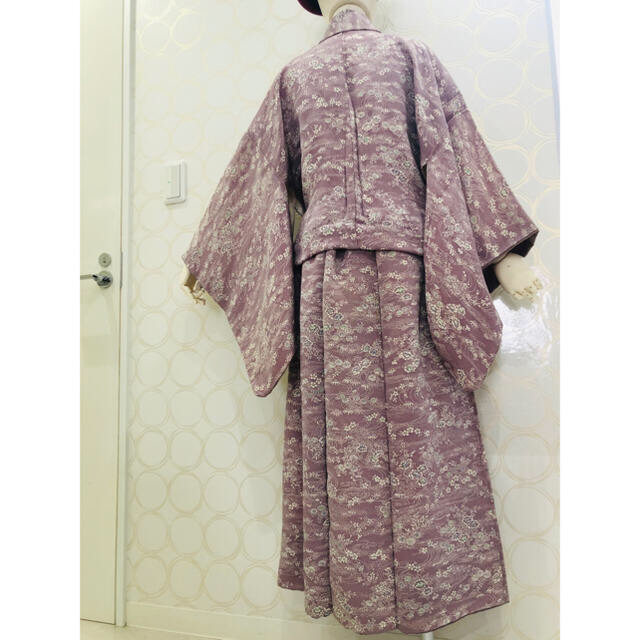 着物リメイク 薄紫 和風 花柄 ショート丈羽織、ロングスカート セット
