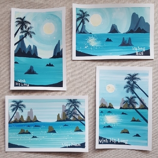 【水彩画】(H-6)ブルー4種類セット　ヤシの木や湖、空の絵(絵画/タペストリー)