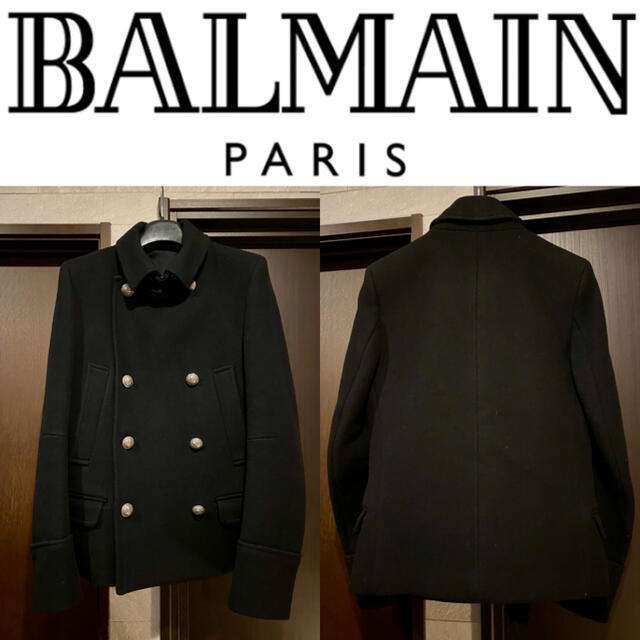 【美品】BALMAIN（バルマン）銀ボタン メルトン ナポレオン ピーコート 黒