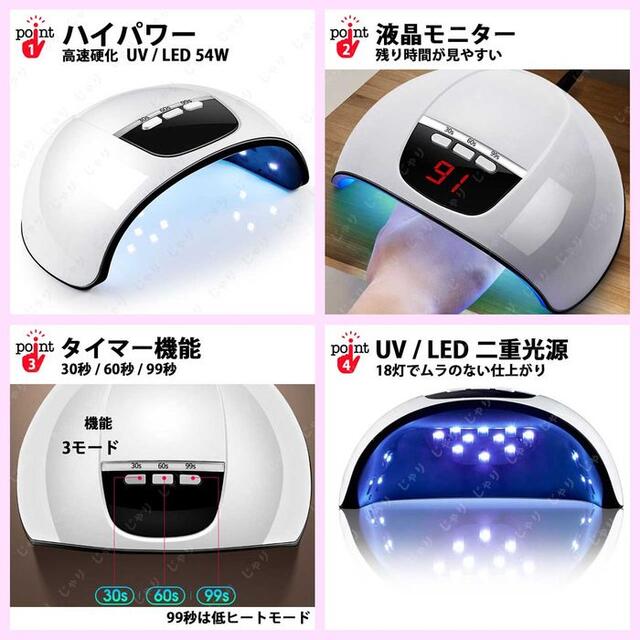 LED ジェルネイル ライト 54W UV ネイルドライヤー セルフ レジン硬化 コスメ/美容のネイル(ネイル用品)の商品写真