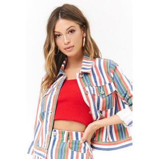 フォーエバートゥエンティーワン(FOREVER 21)の美品 Forever21 マルチストライプ デニム ジャケット ショート丈(Gジャン/デニムジャケット)