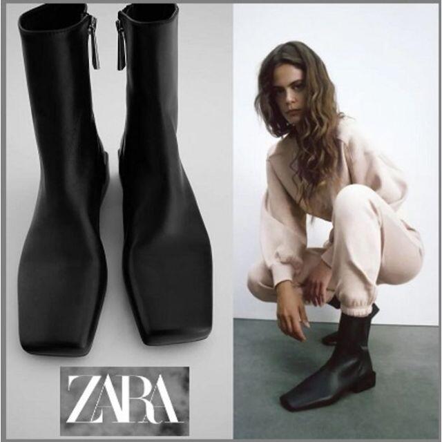 ZARA(ザラ)の新品ZARAザラ本革スクエアトゥ仕様レザーフラットアンクルブーツ黒37 レディースの靴/シューズ(ブーツ)の商品写真