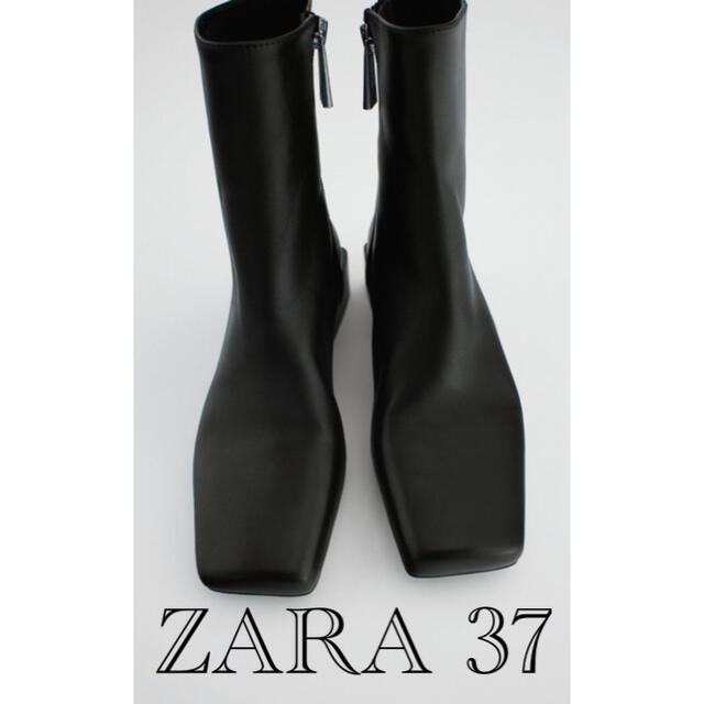 ZARA(ザラ)の新品 ラスト1 スクエアトゥ仕様レザーフラットアンクルブーツ 37 レディースの靴/シューズ(ブーツ)の商品写真