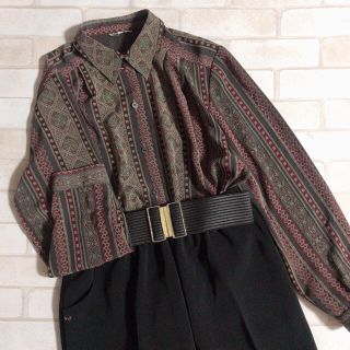 グリモワール(Grimoire)のグレー ボルドー オリエンタル ストライプ 古着 柄シャツ 80s 90s(シャツ/ブラウス(長袖/七分))