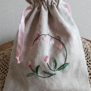 ハンドメイド刺繍リネン巾着袋(ポーチ)