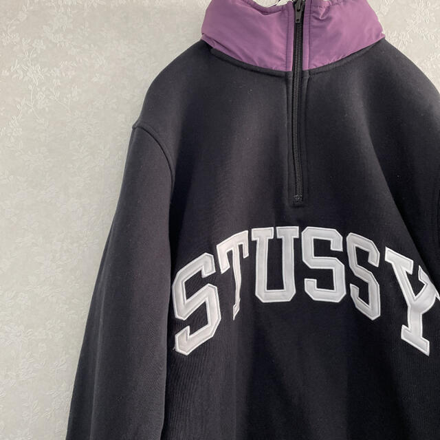 【週末限定価格】stussy ビッグロゴ肉厚ブラック×パープル　ハーフジップL