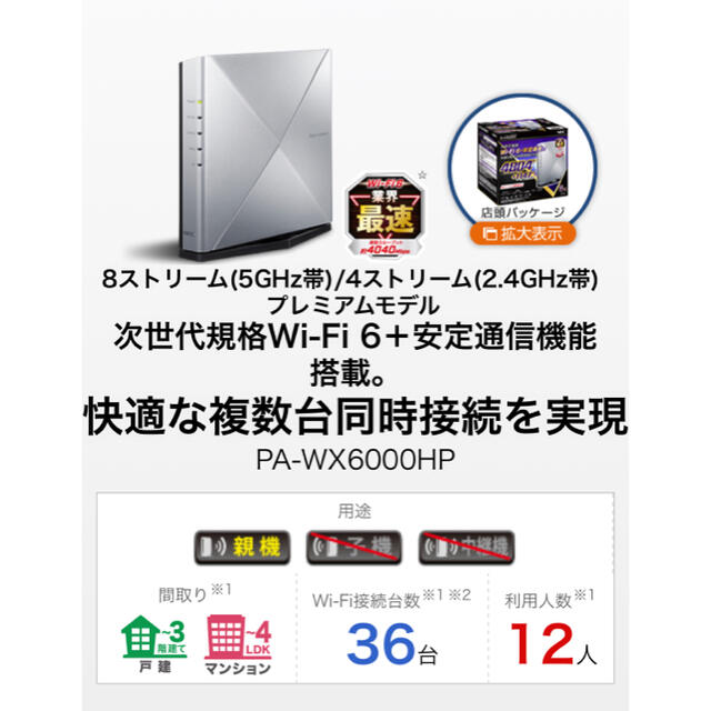 NEC(エヌイーシー)のAterm WX6000HP Wi-Fi6 NEC 購入価格¥39,380 スマホ/家電/カメラのPC/タブレット(PC周辺機器)の商品写真