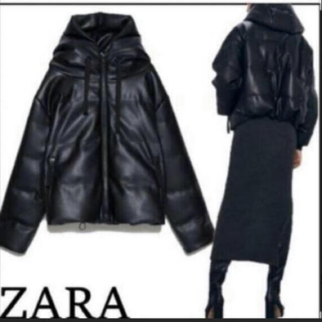 ZARA(ザラ)の【新品タグ付き】人気ザラZARAレザーダウンジャケットM.BLACK黒.完売商品 レディースのジャケット/アウター(ダウンジャケット)の商品写真