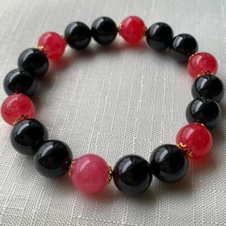 天然石☆ブラックスピネル×レッドピンクジェイドブレスレットの通販 by