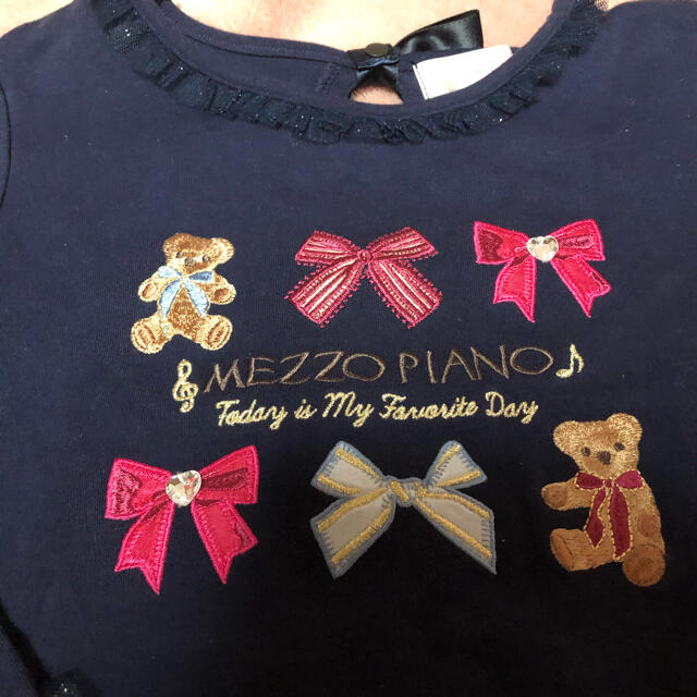 mezzo piano(メゾピアノ)のリボン　クマ刺しゅう　裾スカラップ　Tシャツ　デニムキュロット 　リボンゴム キッズ/ベビー/マタニティのキッズ服女の子用(90cm~)(Tシャツ/カットソー)の商品写真