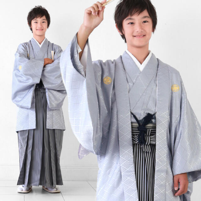 袴セット 卒業式 小学生 男 卒業式紋付羽織袴フルセット グレー地に菱