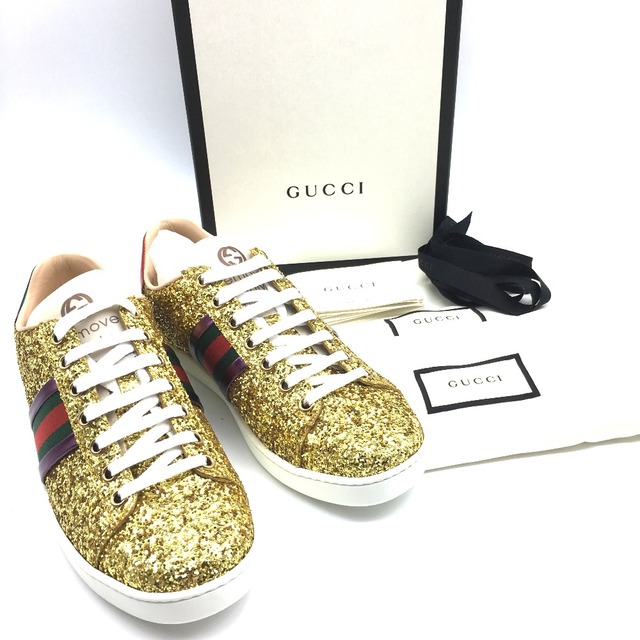 Gucci(グッチ)のグッチ GUCCI 475610 シェリーライン  スニーカー グリッターキャンバス ゴールド系 未使用 レディースの靴/シューズ(スニーカー)の商品写真