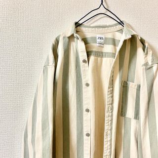 ザラ(ZARA)の未使用》ZARA ジャケット　ストライプ　長袖　総柄　グリーン　オフホワイト(カバーオール)