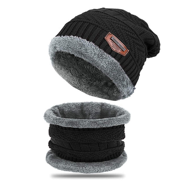 ニット帽+ ネックウォーマー2点セット　暖かい 裏起毛 防寒 保温自転車通勤用  メンズの帽子(ニット帽/ビーニー)の商品写真