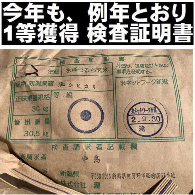 新米・令和2年産玄米新潟コシヒカリ30kg（10kg×3）精米無料☆農家直送20　米/穀物