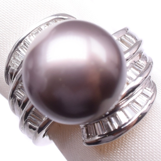 「かわいい～！」 ダイヤモンド リング・指輪 レディース 11号 Pt900プラチナ×ブラックパール（黒蝶真珠） リング(指輪)