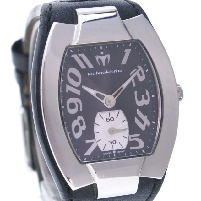【Techno Marine】テクノマリーン スモセコ LR02768 ステンレススチール×レザー シルバー クオーツ メンズ 黒文字盤 腕時計