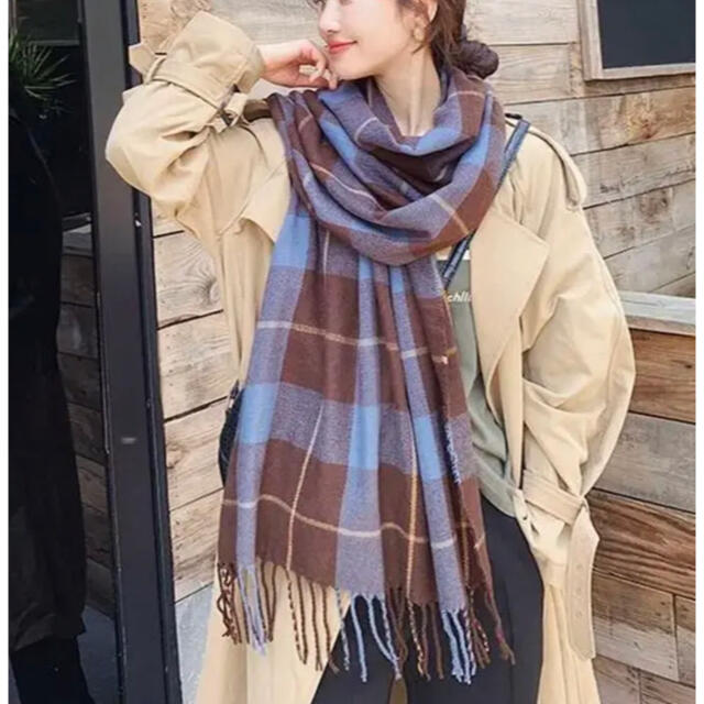 カシミア100％英国”New19FW☆新作Tartan-check”茶青 レディースのファッション小物(ストール/パシュミナ)の商品写真