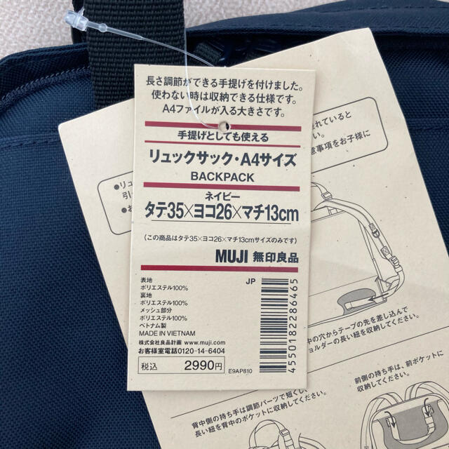 MUJI (無印良品)(ムジルシリョウヒン)の手提げとしても使えるリュックサック ネイビー レディースのバッグ(リュック/バックパック)の商品写真