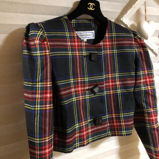 サンローラン(Saint Laurent)の【美品】イヴサンローラン　ショート丈ノーカラージャケット　チェック柄　YSL(ノーカラージャケット)