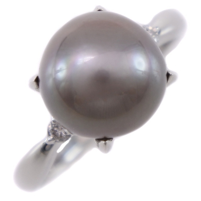 真珠9.5 ｍｍ Pt900プラチナ×ブラックパール（黒蝶真珠）×ダイヤモンド 13号 グレー D0.07 レディース リング・指輪