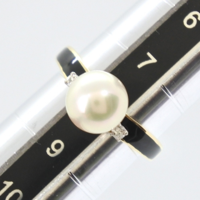 販促品製作 【MIKIMOTO】ミキモト 真珠7.5ｍｍ K18イエローゴールド×パール×ダイヤモンド 8号 ブラック レディース リング・指輪