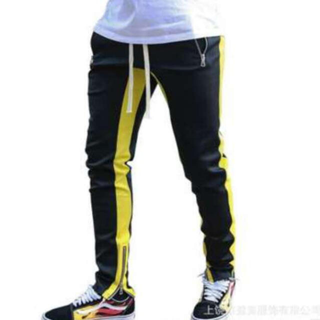 ラインパンツ ジョガーパンツ メンズ スウェット 黒 ブラック 黄 イエロー M メンズのパンツ(その他)の商品写真
