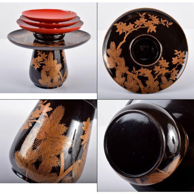 輪島塗 朱塗松竹梅蒔絵 三つ盃 黒漆松蒔絵 杯台 時代箱付 2点 M 輪島塗 朱塗松竹梅蒔絵 三つ盃 黒漆松蒔絵 杯台 時代箱付 2点 M