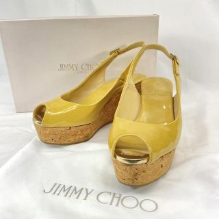 ジミーチュウ(JIMMY CHOO)のジミーチュウ オープントゥ エナメル ミュール 厚底 ウェッジソール(サンダル)