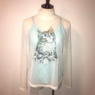 ロキエ(Lochie)のvintage ネコちゃん　シースルー  メッシュ　トップス　cat(カットソー(長袖/七分))