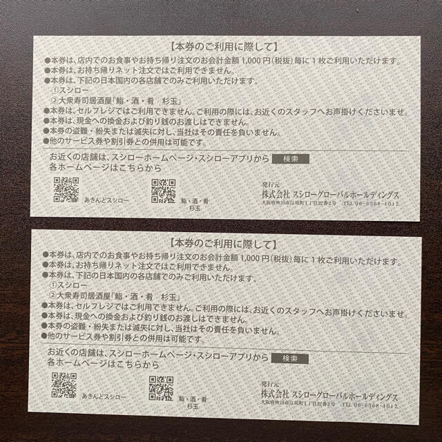 スシロー 株主優待券 500円×2枚(合計1000円分) チケットの優待券/割引券(レストラン/食事券)の商品写真