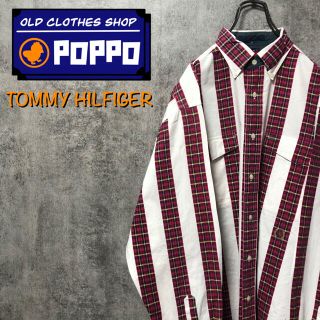 トミーヒルフィガー(TOMMY HILFIGER)のトミーヒルフィガー☆オールド刺繍ダブルポケットチェック柄ストライプシャツ 90s(シャツ)